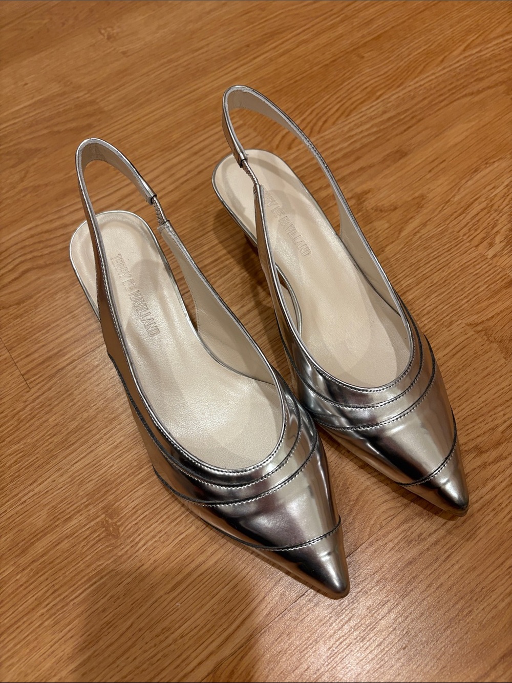 Metallic Silver Pointed Slingback Flats - Women's